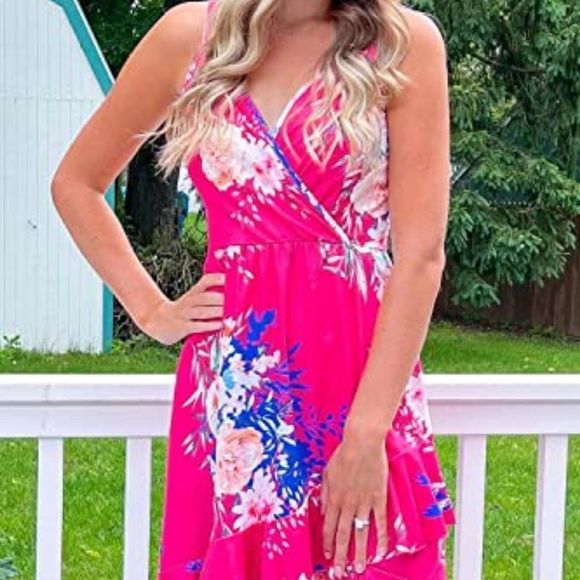 ULTRANICE Womens Summer Floral Wrap V Neck Adjustable Spaghetti Casual Dress - Picture 3 of 5